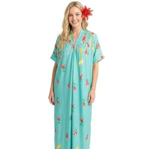 Anthony Richards VTG Women's XL Caftan Dress w/ Pocket Lounge Teal Floral Gown